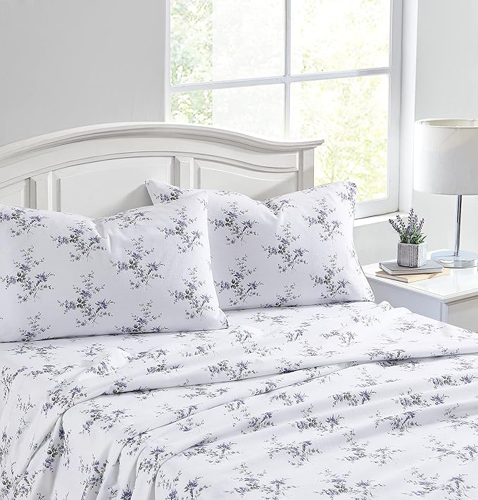 Laura Ashley - Flannel Sheets Twin Size, Anti-Pilling & Wrinkle Resistant Cotton, Touchably Soft for All-Season Comfort - Bed Sheets with Matching Pillowcase & Fitted Sheet (Jessika Lavender)