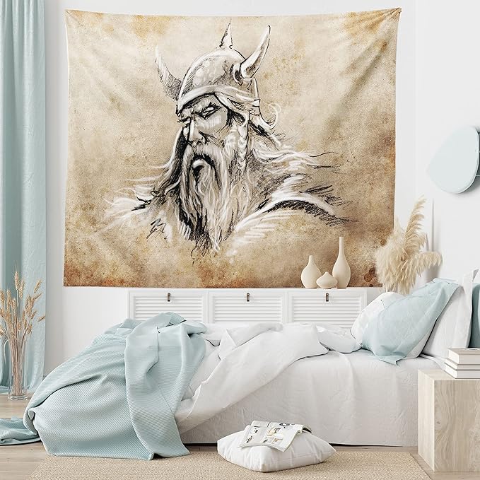 Lunarable Viking Tapestry, Sketch Style Scandinavian Warrior with Beard and Hat Masculine Portrait Tattoo, Wide Wall Hanging for Bedroom Living Room Dorm, 60" X 40", Beige Tan