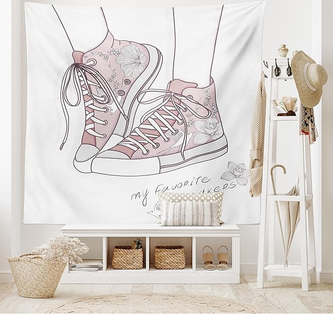 Lunarable Cartoon Tapestry King Size, Shoes with Floral Pattern Teenage Girls Sneakers Flowers Birds Retro Urban, Wall Hanging Bedspread Bed Cover Wall Decor, King Size, Rose White