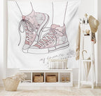 Lunarable Cartoon Tapestry King Size, Shoes with Floral Pattern Teenage Girls Sneakers Flowers Birds Retro Urban, Wall Hanging Bedspread Bed Cover Wall Decor, King Size, Rose White