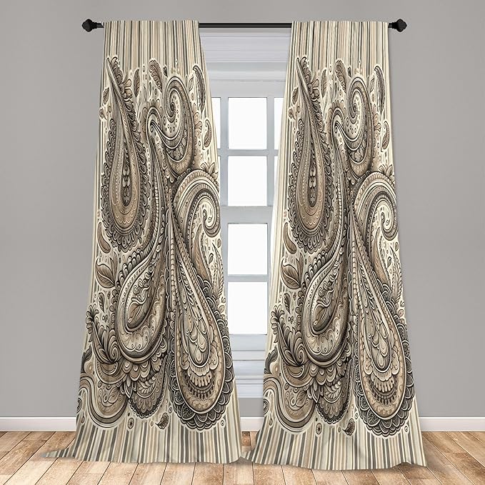 Ambesonne Paisley Window Curtains Pack of 2, Delicate Bohemian Leafy Motives on Stripes in Neutral Muted Colors, Lightweight Set with Rod Pocket, 4 Panels of - 28" x 63", Warm Taupe Ivory and Sepia