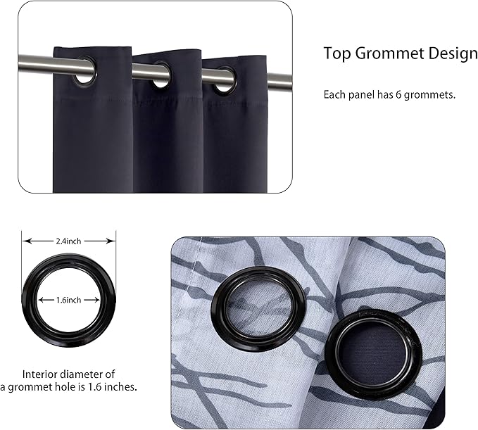 BONZER Mix and Match Curtains - 2 Pieces Branch Print Sheer Curtains and 2 Pieces Blackout Curtains for Bedroom Living Room Grommet Window Drapes, 37x95 Inch/Panel, Grey Dark, Set of 4 Panels