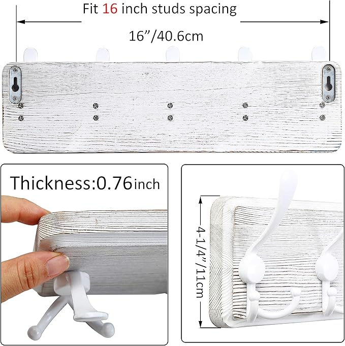 WEBI Coat Rack Wall Mount,5 Triple Hooks for Hanging Coats,16" Hole to Hole,Coat Hooks Wall Mounted,Coat Hanger Wall Hook Rack Rail for Clothes,Jacket,White