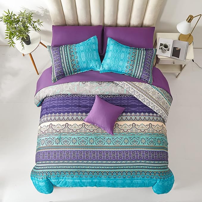 Cottolester Boho Comforter Set Full Size 8 Piece Bed in a Bag Bohemian Striped Bedding Quilt Set Aqua Paisley Floral Comforter and Sheet Set,Soft Microfiber Complete Bedding Sets for All Season