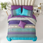 Cottolester Boho Comforter Set Full Size 8 Piece Bed in a Bag Bohemian Striped Bedding Quilt Set Aqua Paisley Floral Comforter and Sheet Set,Soft Microfiber Complete Bedding Sets for All Season