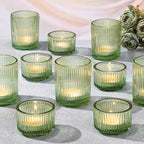 10pcs Ribbed Green Votive Candle Holders for Wedding Table Decor, Assorted Tea Light Candle Holder Glass, Green Candle Holders for Table Centerpieces, Brithday and Tea Party Decorations