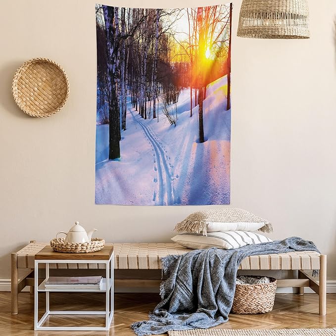 Ambesonne Nature Tapestry, Sunset in a Winter Park Russia Sun Rays Through Trees Pathway to Forest, Wall Hanging for Bedroom Living Room Dorm Decor, 40" X 60", Amber Brown