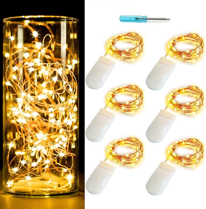 [6-Pack] 7Feet Starry String Lights,Fairy String Lights 20 Micro Starry LEDs On Copper Wire, 2pcs CR2032 Batteries Included,For Wedding Centerpiece,Party,Christmas Table Decor(Copper Warm White)
