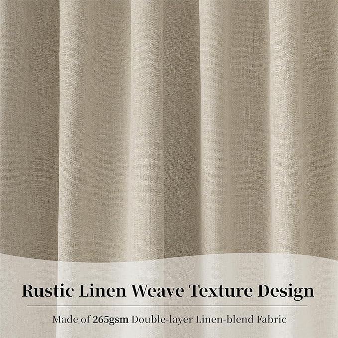 KangBang Extra Wide Black Out Linen Curtains for Sliding Glass Door, Blackout Patio Door Curtains Back Tab Hook Belt Rustic Drapery Panels, Room Darkening Window Drapes with Hooks for Track, 72x96