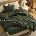 Bedsure 100% Cotton Duvet Cover King Size with Fitted Sheet - 4 Pieces Olive Green Waffle Weave Bedding Set, GentleSoft™ and Breathable, Includes 1 Duvet Cover 104x90, 1 Fitted Sheet, 2 Pillow Shams