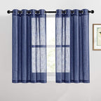 RYB Home Linen Sheer Curtains - Grommet Semi Sheer Privacy Farmhouse Curtain Panels for Bedroom Office Living Room, W 52 inch x L 45 inch, 2 Pcs, Navy Blue