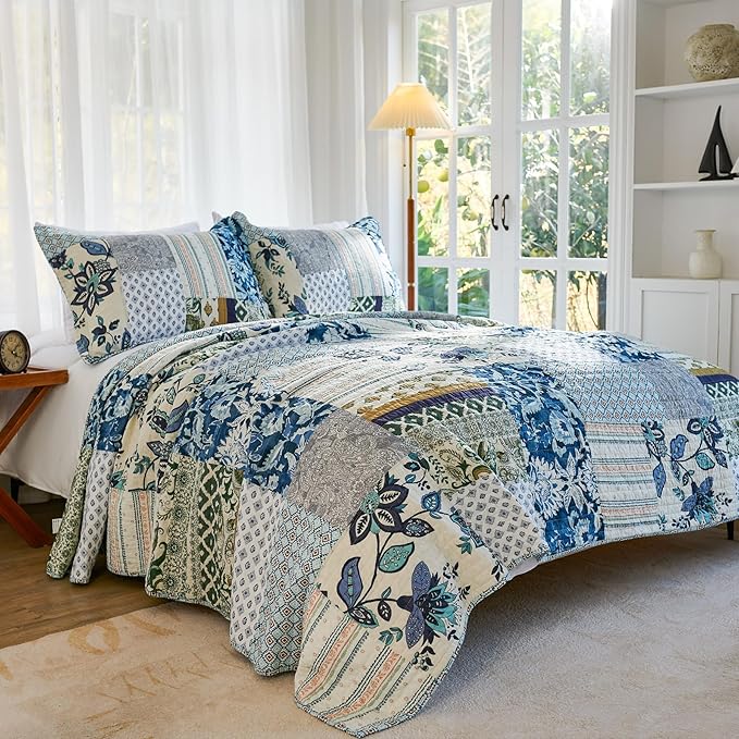 Secgo King Size Comforter Set- 100% Cotton Quilt King Size Set, Green, Sage bedspreads (98 * 106 Inch) with 2 Pillow Shams, Patchwork Reversible Lightweight Bedding