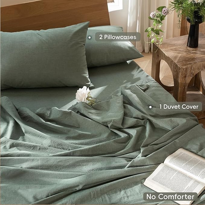 MooMee Bedding Duvet Cover Set 100% Washed Cotton Linen Like Textured Breathable Durable Soft Comfy (Heathered Green, Oversized Full 82"x86")