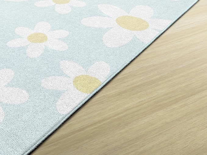 Flagship Carpets Schoolgirl Style White Daisies on Blue Educational Area Rug for Kids Room Seating Décor, Children's Classroom, Play Carpet for Teaching and Playroom, 7'6" x 12'