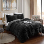 Queen Luxury Faux Fur Comforter Set - Soft & Breathable 7-Piece Bedding Collection - 1 Comforter, 1 Fitted Sheet, 1 Flat, 2 Pillowcases, 2 Pillow Shams - Deep Pocket - Premium Quality, Black