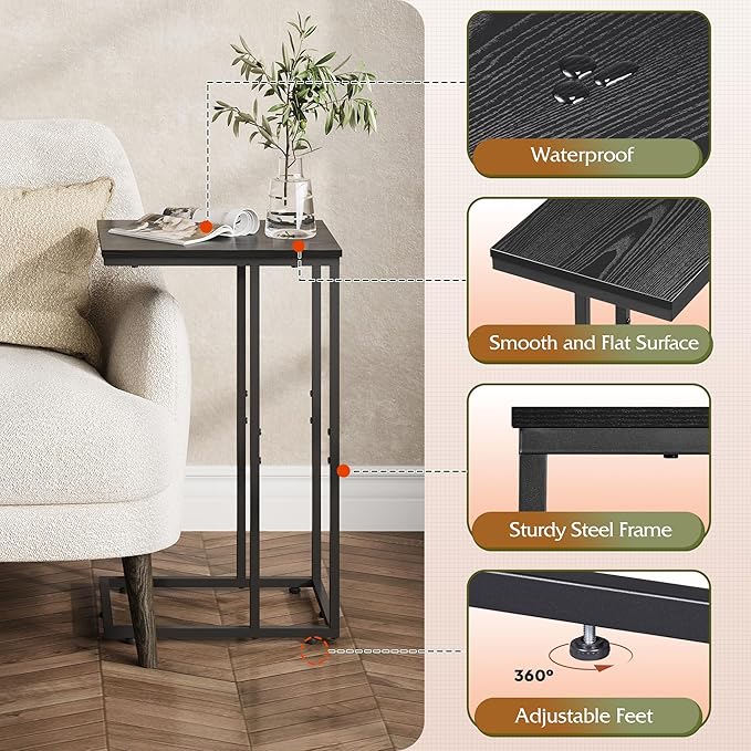 WLIVE Black Side Table, C Table End Table for Bedroom, Home Office, Dorm, Living Room Tables, Black Couch Table, 2-Tier Side Tables
