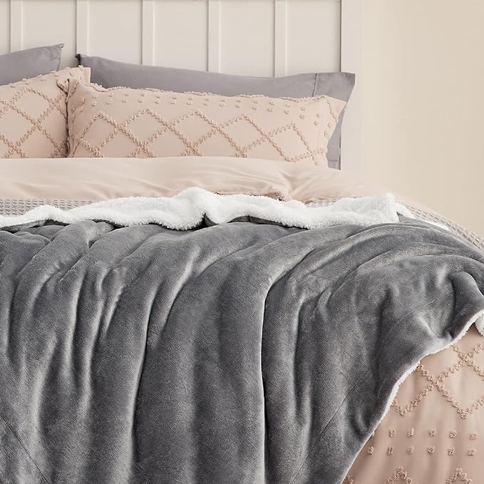 Bedsure GentleSoft Sherpa Fleece Throw Blanket Twin Size for Couch - Thick and Warm Throw for Women and Men, Soft Fuzzy Plush Blanke for Winter, Grey, 60x80 Inches