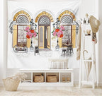 Lunarable Urban Tapestry King Size, European Coffee Shop at Paris Streets with Flowerbeds and Lanterns Romantic Print, Wall Hanging Bedspread Bed Cover Wall Decor, King Size, Beige Pink