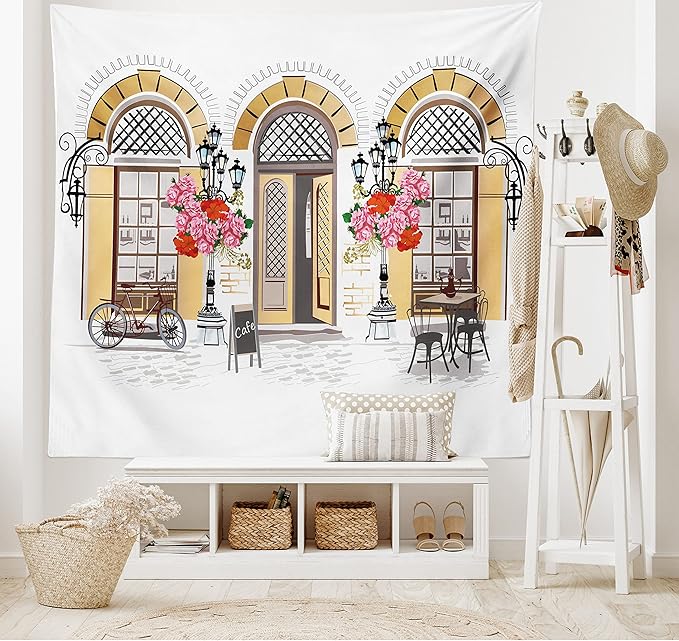 Lunarable Urban Tapestry King Size, European Coffee Shop at Paris Streets with Flowerbeds and Lanterns Romantic Print, Wall Hanging Bedspread Bed Cover Wall Decor, King Size, Beige Pink