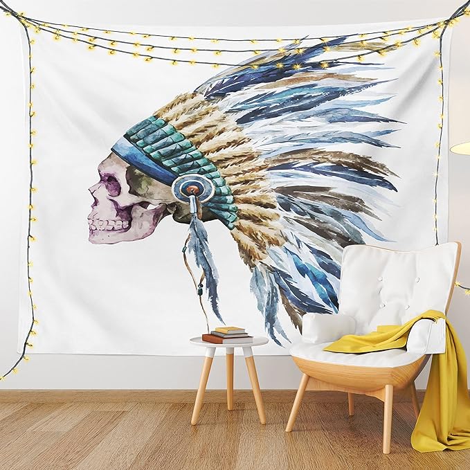 Lunarable Watercolor Tapestry, Skull Native Hat Indigenous Cultures Circle of Life Death, Wall Hanging for Bedroom Living Room Dorm Decor, 40" X 60", Cream Blue