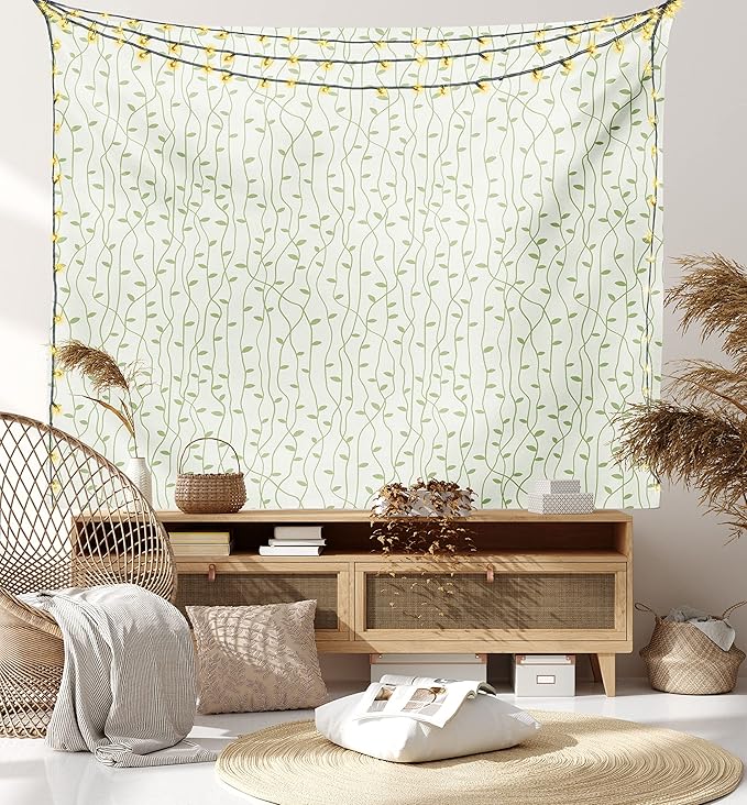 Lunarable Green and Beige Tapestry Twin Size, Green Leaves on Skinny Tangled Sprigs Fresh Nature Theme Foliage, Wall Hanging Bedspread Bed Cover Wall Decor, Twin Size, Pistachio Green
