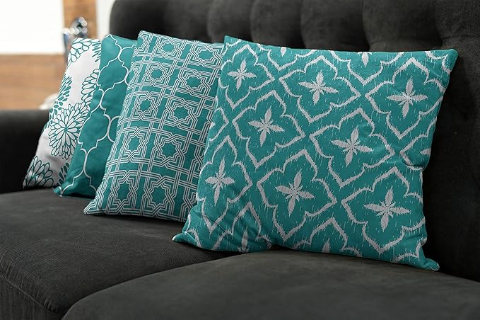 Ambesonne Vintage Throw Pillow Cushion Case Pack of 4, Monochrome Design Grid Trellis Quatrefoil Mesh and Dahlia Flowers Modern Print, Modern Accent Double-Sided Digital Printing, 24", Teal and White