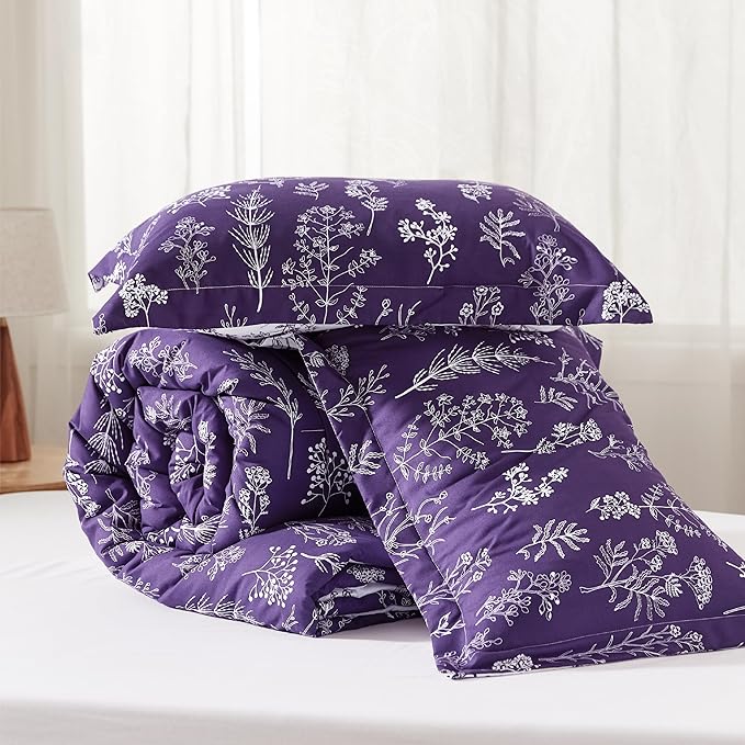Bedsure California King Comforter Set - Dark Purple Bed Set, 3 Pieces Cute Floral Bedding, 1 Soft Reversible Botanical Flowers Comforter and 2 Pillow Shams