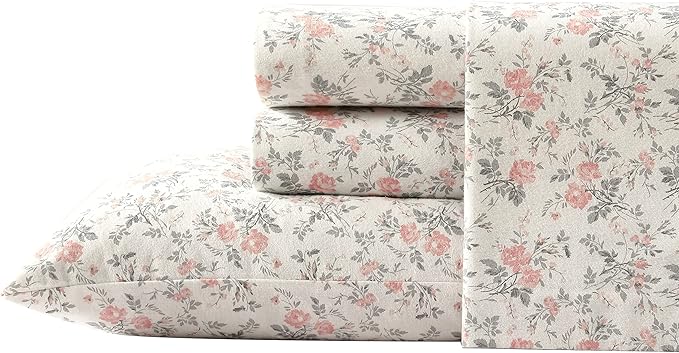 Laura Ashley - Flannel Sheets Full Size, Anti-Pilling & Wrinkle Resistant Cotton, Touchably Soft for All-Season Comfort - Bed Sheets with Matching Pillowcases & Fitted Sheet (Rosalie Grey)