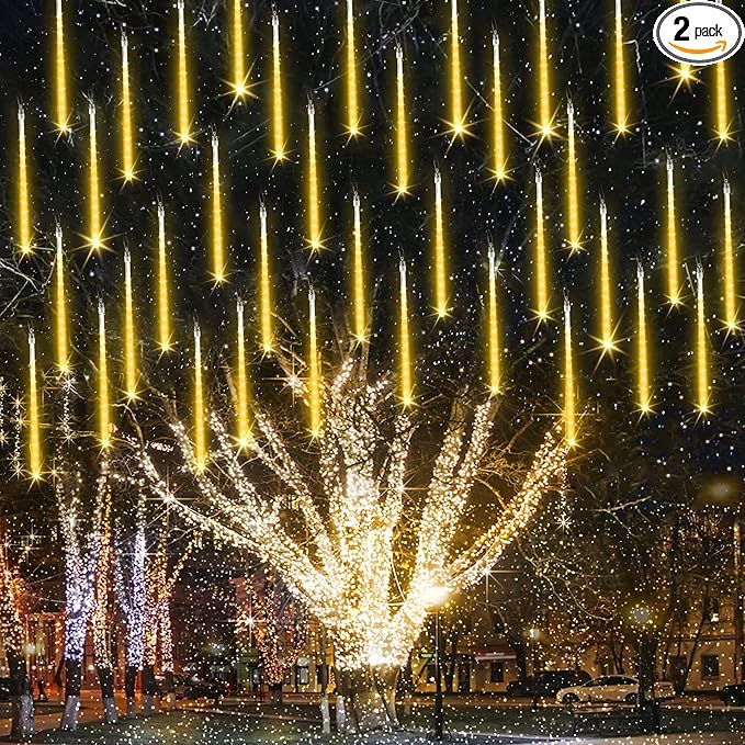 Joomer 2Pack Christmas Lights Outdoor, 11.8 inch 10 Tubes 240 LED Meteor Shower Lights, LED Falling Icicle Cascading Light with Timer Waterproof and Connectable for Christmas Decoration (Warm White)