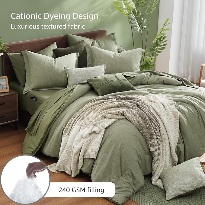 Monbix Queen Comforter Set - 7 Pieces Cationic Dyeing Sage Green Bed in a Bag Queen Bedding Sets with Comforter, Sheets, Pillowcases & Shams, Reversible Bedding Comforters Sets