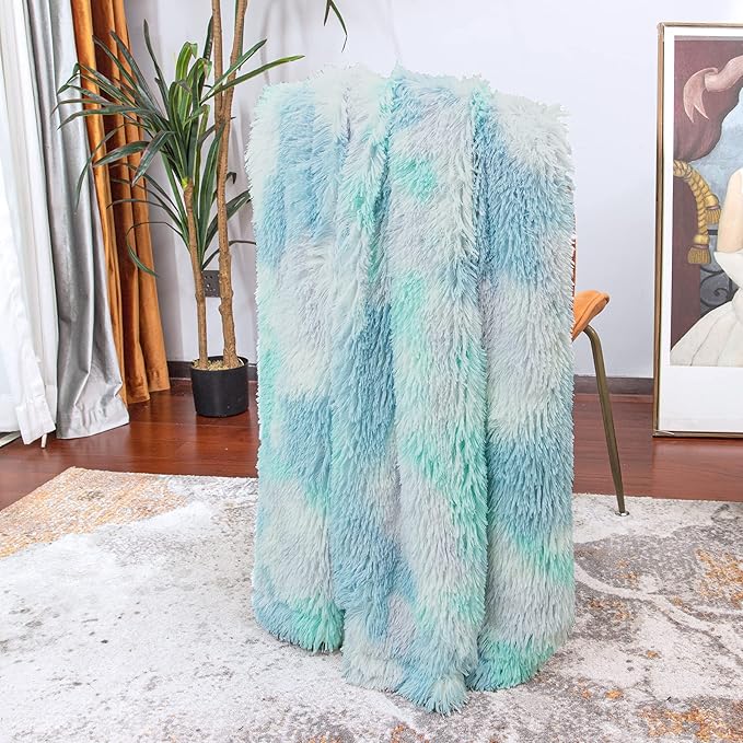 Tuddrom Decorative Extra Soft Faux Fur Throw Blanket,Solid Reversible Fuzzy Lightweight Long Hair Shaggy Blanket,Fluffy Cozy Plush Fleece Comfy Microfiber Fur Blanket for Couch Sofa Bed,Tie Dye Blue