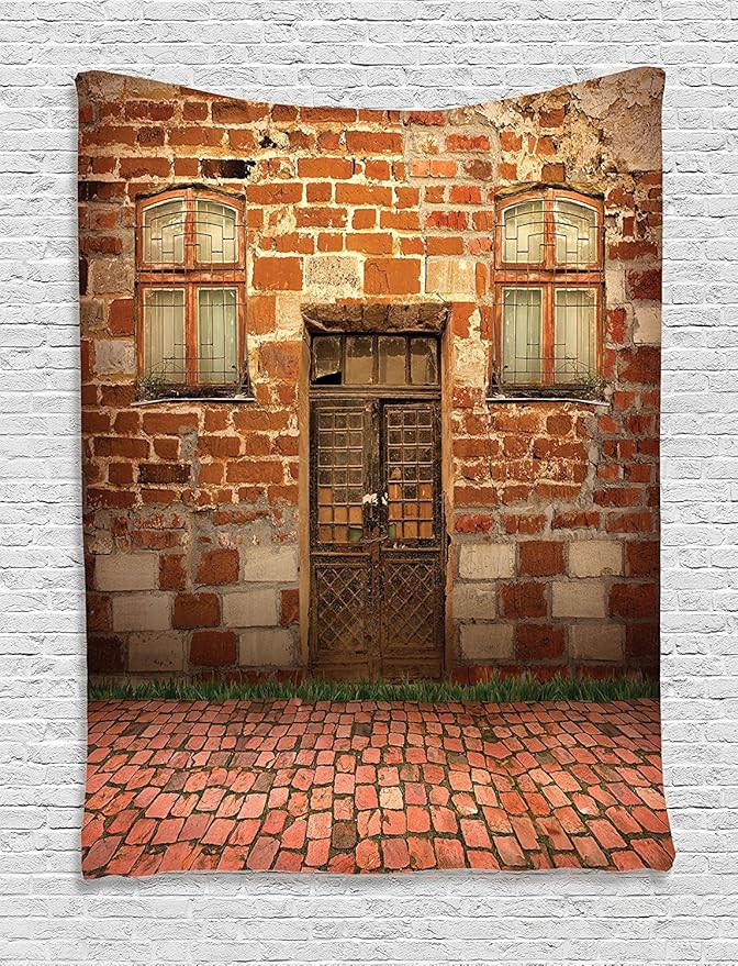 Ambesonne Rustic Tapestry, Antique Exterior with Old Door and Windows Frontage Aged Building Print, Wall Hanging for Bedroom Living Room Dorm, 60" X 80", Cinnamon Brown