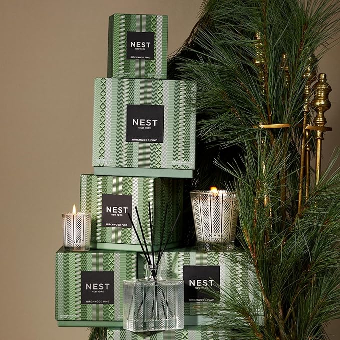 NEST New York Reed Diffuser, Birchwood Pine - 5.9 fl oz - Fragrance for Up to 90 Days - Reusable, Refillable Glass Holder - Includes 8 All-Natural Reed Sticks - Flame Free