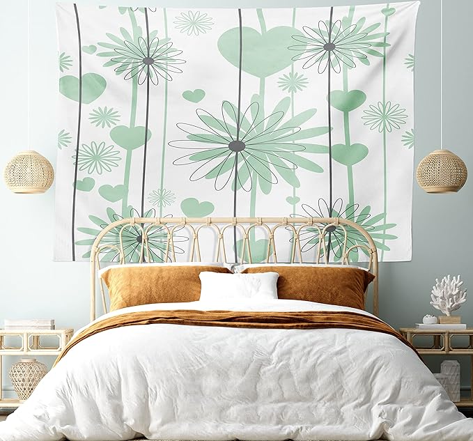 Lunarable Hearts Tapestry, Floral Abstract Striped Background Soft Color Daisies Nature Flourish, Wide Wall Hanging for Bedroom Living Room Dorm, 60" X 40", Mint Green Charcoal Grey