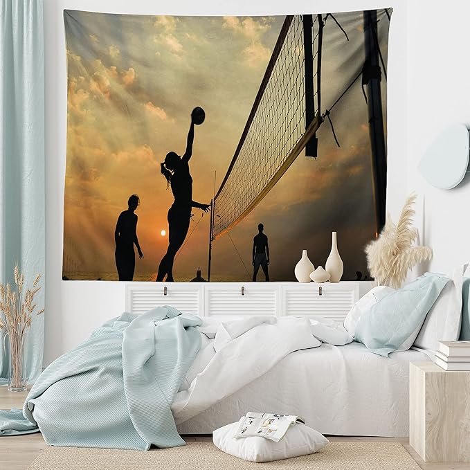 Lunarable Volleyball Tapestry, Beach Sports at Sunset Open Sky Net and Ball Activity Excitement Fun and Games, Fabric Wall Hanging Decor for Bedroom Living Room Dorm, 28" X 23", Black