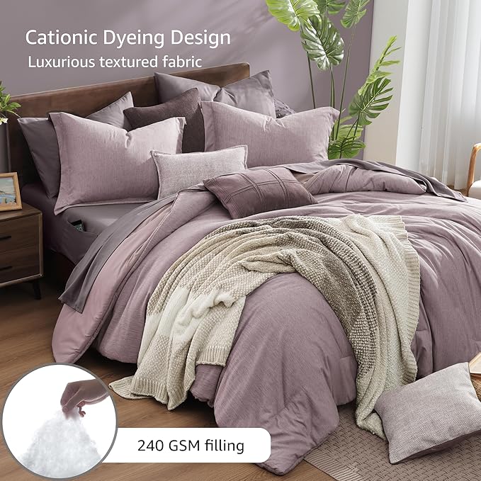 Monbix Full Size Comforter Set, Lilac Bedding Comforter for Full Size Bed Set Reversible, Bedding Sets Full 7 Pieces, Cationic Dyeing Bed in a Bag with Comforter, Sheets, Pillowcases & Shams
