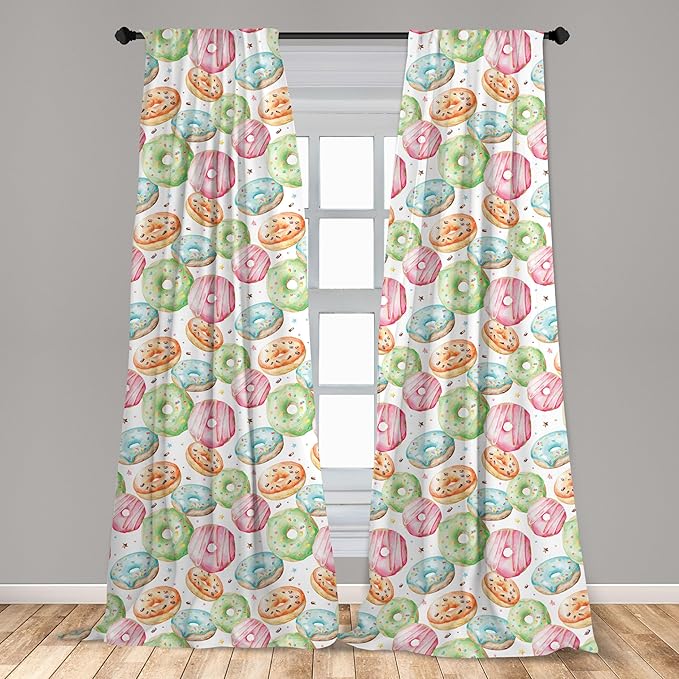 Ambesonne Watercolor Window Curtains, Delicious Donuts Pattern Various Flavors Sprinkles Stars Background, Lightweight Decor 2-Panel Set with Rod Pocket, Pair of - 28" x 84", Pale Fern