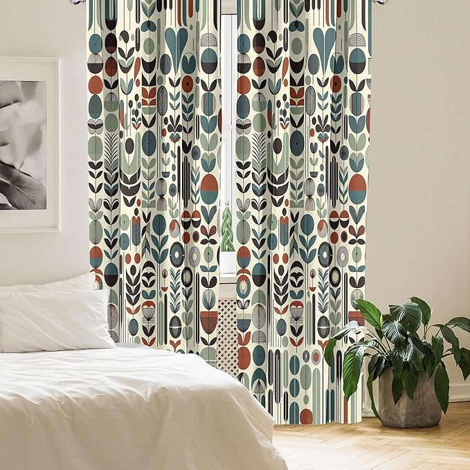 Ambesonne Leafy Art Window Curtains Pack of 2, Scandinavian Leaves Pattern with Geometric Roundy Modern Boho Print, Lightweight Set with Rod Pocket, 4 Panels of - 28" x 84", Pale Green Redwood Teal