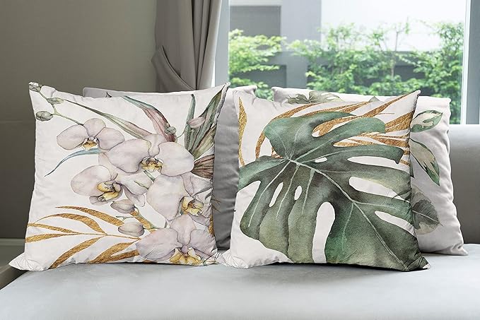 Ambesonne Vintage Tropical Throw Pillow Cushion Case Pack of 4, Retro Botanical Summer Vibes Monstera Leaf Orchid Flowers, Modern Accent Double-Sided Digital Printing, 18", Laurel Green Ginger Blush