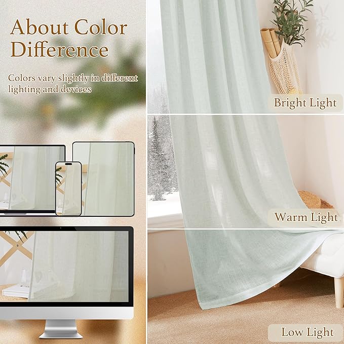 RYB HOME Sage Linen Curtains 63 Inch Length for Bedroom 2 Panels Light Filtering Privacy Semi Sheer Curtains for Kids Room Livingroom Rod Pocket Window Panels Country Farmhouse 52x63 Long