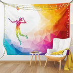 Lunarable Volleyball Tapestry, Colorful Polygonal Background Triangles Jumping Woman Striking The Ball, Wide Wall Hanging for Bedroom Living Room Dorm, 60" X 40", Purple Blue