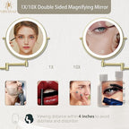 Rechargeable Wall Mounted Lighted Makeup Vanity Mirror 8 Inch Double Sided 1X 10X Magnifying Bathroom Mirror, 3 Color Lighting, Touch Screen Dimming, 360 Rotation Shaving Mirror Gold