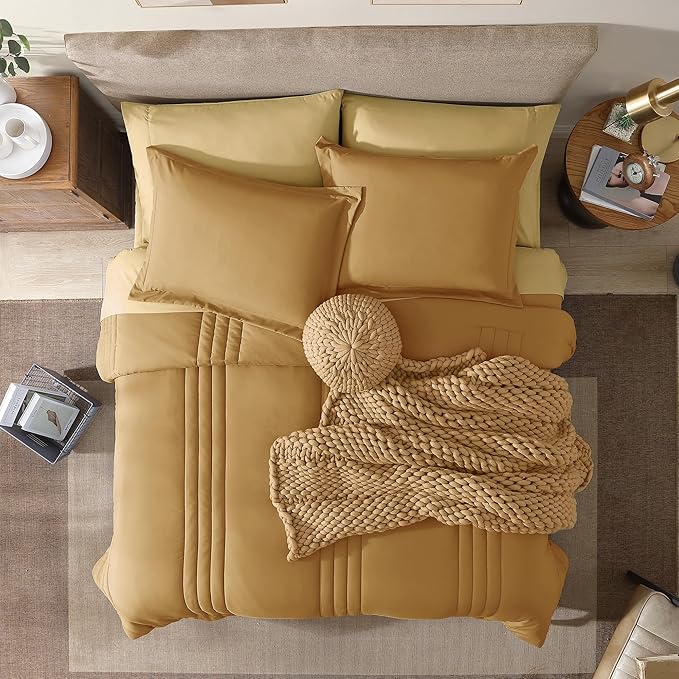 Monbix Queen Comforter Set - 7 Pieces Desert Yellow Bed in a Bag Queen Bedding Sets with Comforters, All Seasons Down Alternative Comforter Bed Set with Sheets, Pillowcases & Shams