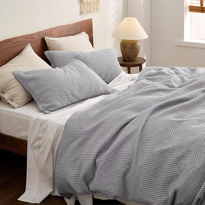 Bedsure Cotton Duvet Cover Set - 100% Cotton Waffle Weave Grey Duvet Cover California King Size, GentleSoft™ and Breathable Cal King Bedding Set for All Season, 3 Pieces, 104"x98"