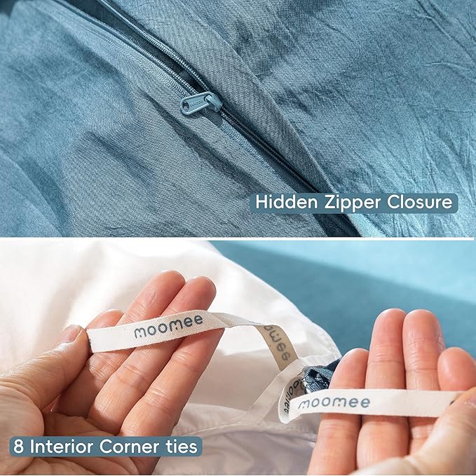 MooMee Bedding Duvet Cover Set 100% Washed Cotton Linen Like Textured Breathable Durable Soft Comfy (Heathered Peacock Blue, Oversized Queen 98"x98")