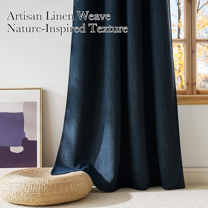 NICETOWN Short Faux Linen Navy Blue Blackout Curtains 63 inches Long for Kitchen - Privacy Panels for Living Room Bedroom, Modern Farmhouse Style Easy Care Grommet Top, 2 Panels, W42 by L63