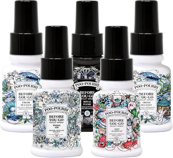 Poo-Pourri Set - Includes Original Citrus, Fresh Sea Salt, Fresh Air, Ship Happens, and Royal Flush 1.4 Ounce Bottles