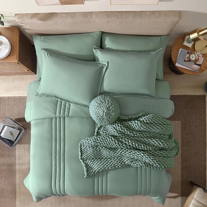 Monbix Queen Comforter Set - 7 Pieces Harbor Green Bed in a Bag Queen Bedding Sets with Comforters, All Seasons Down Alternative Comforter Bed Set with Sheets, Pillowcases & Shams