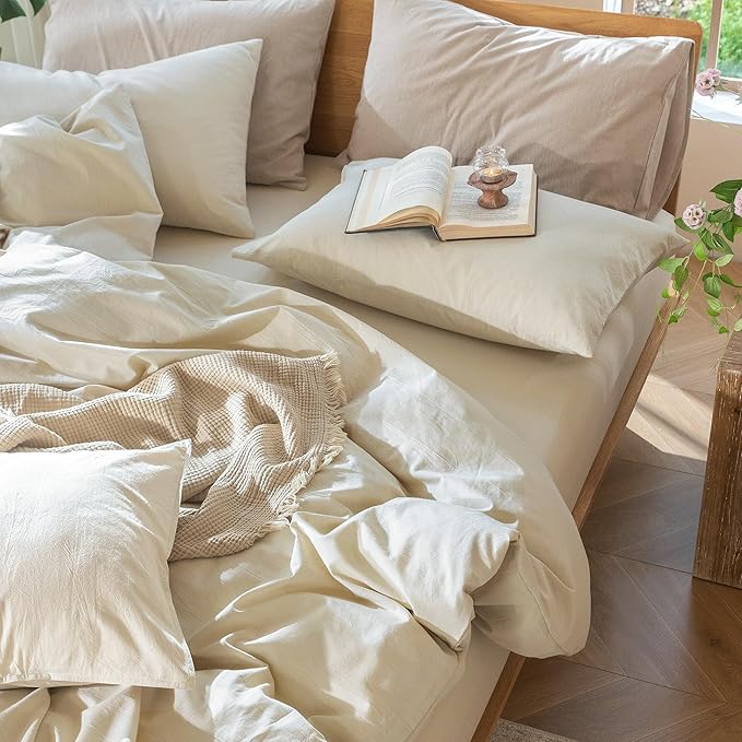 MooMee Bedding Duvet Cover Set 100% Washed Cotton Linen Like Textured Breathable Durable Soft Comfy (Heathered Almond Milk Grey, Queen 90"x90")