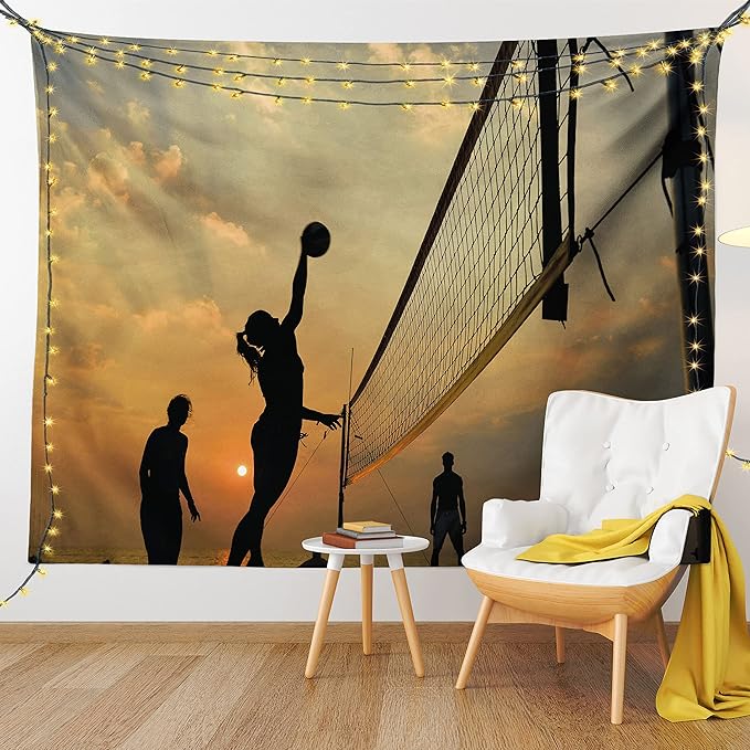 Lunarable Volleyball Tapestry, Beach Sports at Sunset Open Sky Net and Ball Activity Excitement Fun and Games, Wide Wall Hanging for Bedroom Living Room Dorm, 60" X 40", Black